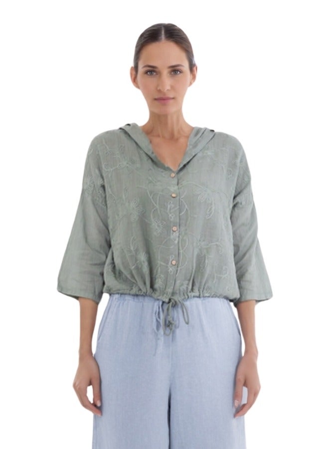 ZABAIONE Embroidered Floral Button-Down Hoodie Blouse - Sage Green - Image 1