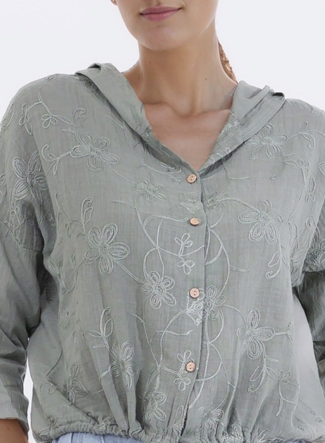 ZABAIONE Embroidered Floral Button-Down Hoodie Blouse - Sage Green - Image 4