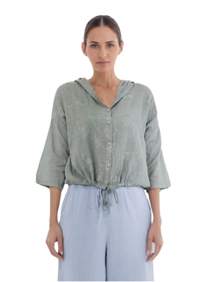 ZABAIONE Embroidered Floral Button-Down Hoodie Blouse - Sage Green