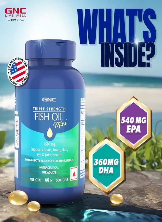 GNC 1500 Mg Triple Strength Fish Oil Mini Omega 3 Softgels For Men & Women| 60 Mini Softgels|540 MG EPA & 360 MG DHA|Improves Memory|Protects Vision|No Fishy Burps|For Men & Women |Formulated In USA - Image 3