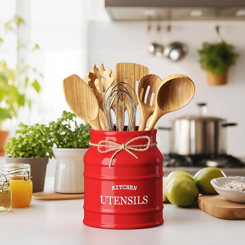 BARNYARD DESIGNS Ceramic Utensil Crock Holder for Kitchen Counter, Rustic Farmhouse Countertop Decor, French Country Organizer for Cooking Utensils, Red, 15 x 17cm - Image 2