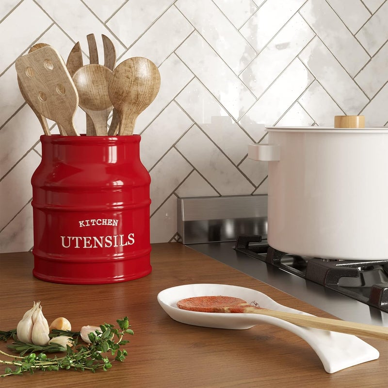 BARNYARD DESIGNS Ceramic Utensil Crock Holder for Kitchen Counter, Rustic Farmhouse Countertop Decor, French Country Organizer for Cooking Utensils, Red, 15 x 17cm - Image 4