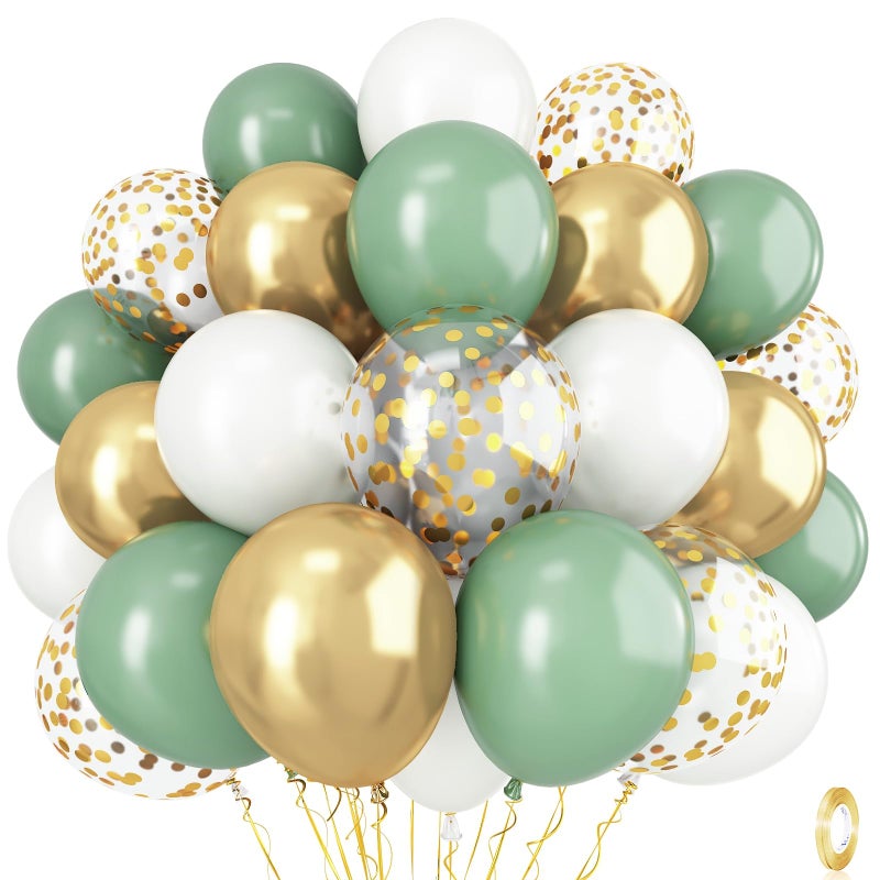 Isndare Dusty Sage Green and Gold Balloons, 12 Inch Retro Olive Green White Gold Latex Muted Balloon Set for Girls Birthday Wedding Jungle Baby Bridal Shower Camp Bachelorette House Warming Party Decorations - Image 1