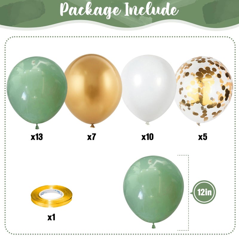 Isndare Dusty Sage Green and Gold Balloons, 12 Inch Retro Olive Green White Gold Latex Muted Balloon Set for Girls Birthday Wedding Jungle Baby Bridal Shower Camp Bachelorette House Warming Party Decorations - Image 2