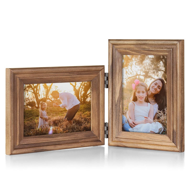 Tamolus 4x6 Double Hinged Picture Frame Folding Photo Frame Horizontal and Vertical in Distressed Farmhouse Wood Grain Pine Wood with Real Glass for Tabletop X2-MU-HS46 - Image 1