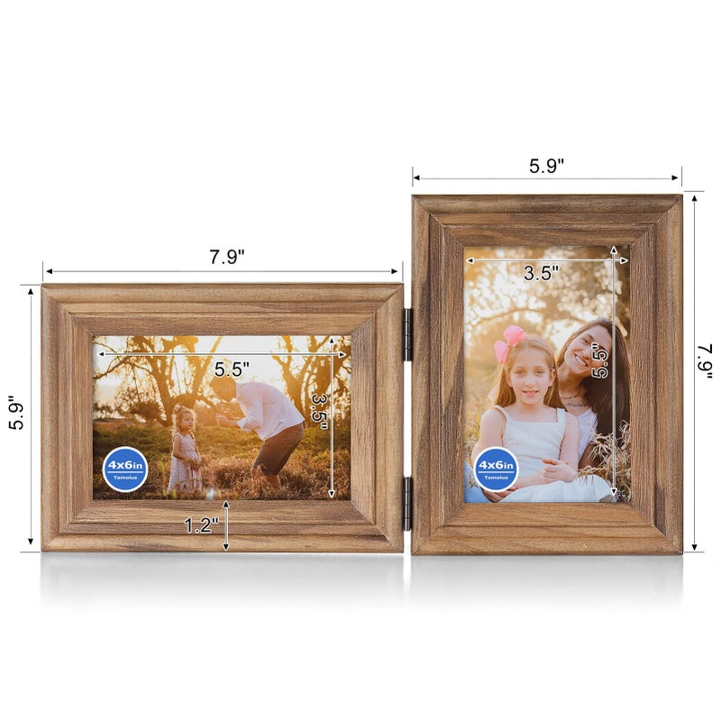 Tamolus 4x6 Double Hinged Picture Frame Folding Photo Frame Horizontal and Vertical in Distressed Farmhouse Wood Grain Pine Wood with Real Glass for Tabletop X2-MU-HS46 - Image 2