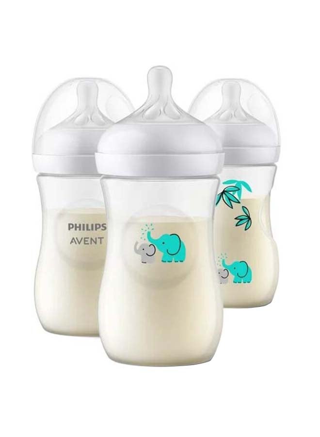 Philips Avent Pack Of 3 Natural Baby Bottle With Natural Response Nipple, Teal Elephant Design, 260Ml