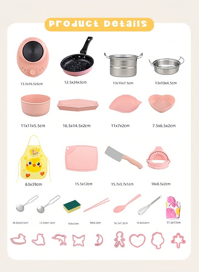 مجموعة مطبخ أطفال 32 قطعة مع هيكل فولاذي متين، 10 قوالب بسكويت وعناصر خشبية، ألعاب طبخ تخيلية للأطفال الصغار، أواني ومقالي واقعية هدية تعليمية - Image 1