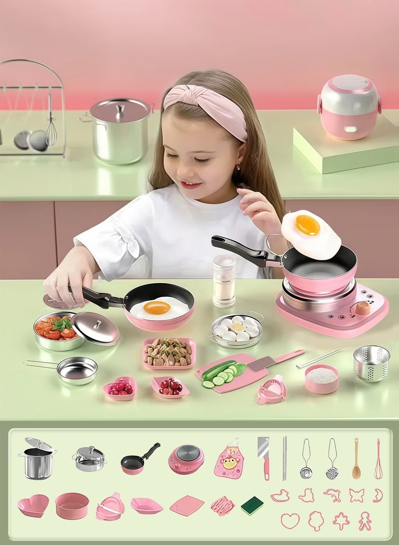 32 Pcs Kids Kitchen Playset with Sturdy Steel Frame, 10 Cookie Cutters & Wooden Elements, Pretend Cooking Toys for Toddlers, Realistic Pots & Pans Learning Gift - Image 1