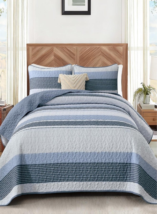 Djoymock Quilt Set Queen Size Light Blue Striped Bedding Set 3 Piece Lightweight Bedspreads Soft Microfiber Summer Blue Grey Coverlet Bed Set With 2 Pillow Shams All Season Patchwork Comforter Set 96"×90" - Image 1