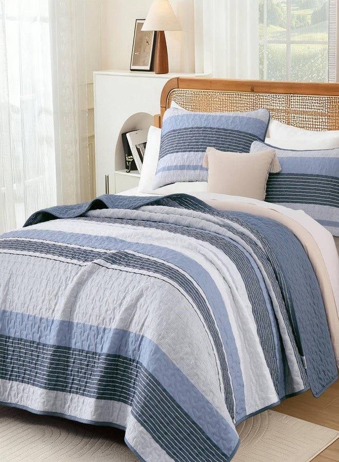 Djoymock Quilt Set Queen Size Light Blue Striped Bedding Set 3 Piece Lightweight Bedspreads Soft Microfiber Summer Blue Grey Coverlet Bed Set With 2 Pillow Shams All Season Patchwork Comforter Set 96"×90" - Image 2
