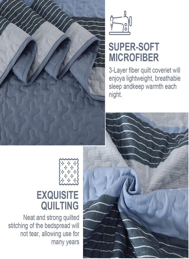 Djoymock Quilt Set Queen Size Light Blue Striped Bedding Set 3 Piece Lightweight Bedspreads Soft Microfiber Summer Blue Grey Coverlet Bed Set With 2 Pillow Shams All Season Patchwork Comforter Set 96"×90" - Image 5