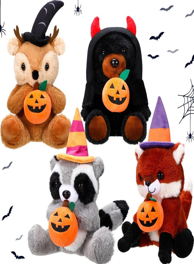 Zomiboo 4 Pcs Halloween Stuffed Animal 11 Inch Pumpkin Bear Toy Plush Elk Fox Raccoon Black Bear Toy with Wizard Hat Halloween Ornaments for Kids Infant Gifts - Image 1