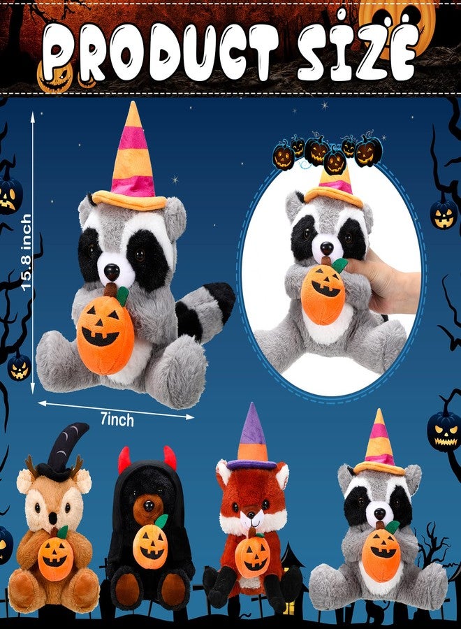 Zomiboo 4 Pcs Halloween Stuffed Animal 11 Inch Pumpkin Bear Toy Plush Elk Fox Raccoon Black Bear Toy with Wizard Hat Halloween Ornaments for Kids Infant Gifts - Image 3