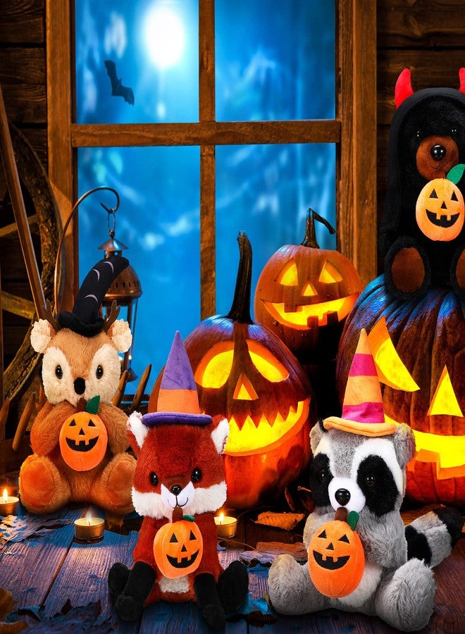 Zomiboo 4 Pcs Halloween Stuffed Animal 11 Inch Pumpkin Bear Toy Plush Elk Fox Raccoon Black Bear Toy with Wizard Hat Halloween Ornaments for Kids Infant Gifts - Image 4