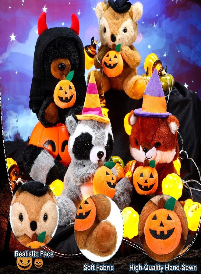 Zomiboo 4 Pcs Halloween Stuffed Animal 11 Inch Pumpkin Bear Toy Plush Elk Fox Raccoon Black Bear Toy with Wizard Hat Halloween Ornaments for Kids Infant Gifts - Image 2
