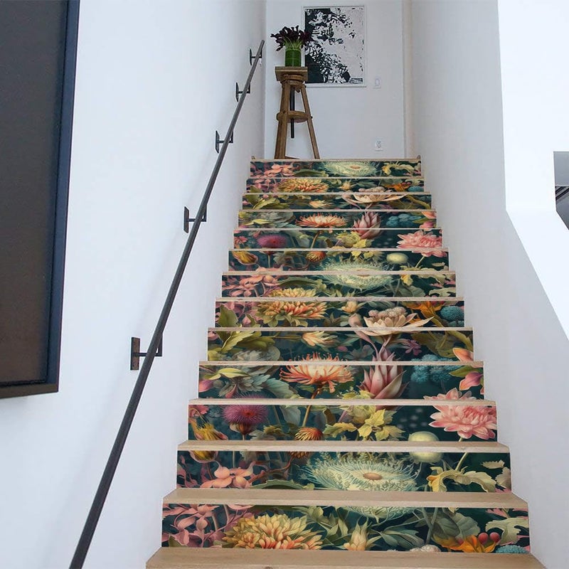 REDAMANCY Exotic Wildflowers Botanical Boho Vintage Plants Peel and Stick Vinyl Stair Riser Decals Staircase Tile Stickers Decor Modern Marble Decoration Self-Adhesive(14 Pcs) - Image 4