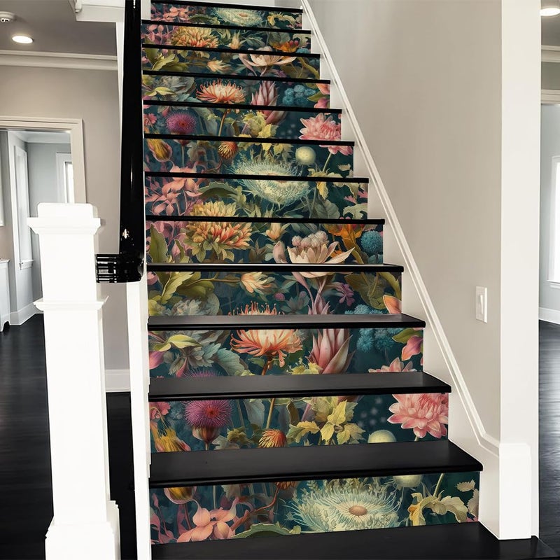 REDAMANCY Exotic Wildflowers Botanical Boho Vintage Plants Peel and Stick Vinyl Stair Riser Decals Staircase Tile Stickers Decor Modern Marble Decoration Self-Adhesive(14 Pcs) - Image 1