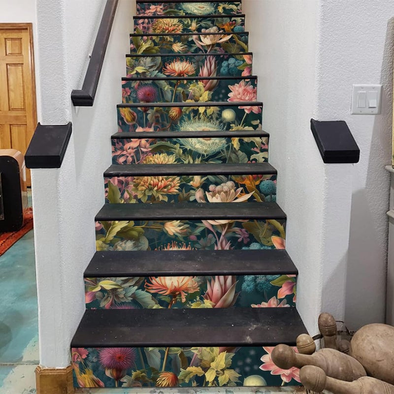 REDAMANCY Exotic Wildflowers Botanical Boho Vintage Plants Peel and Stick Vinyl Stair Riser Decals Staircase Tile Stickers Decor Modern Marble Decoration Self-Adhesive(14 Pcs) - Image 3