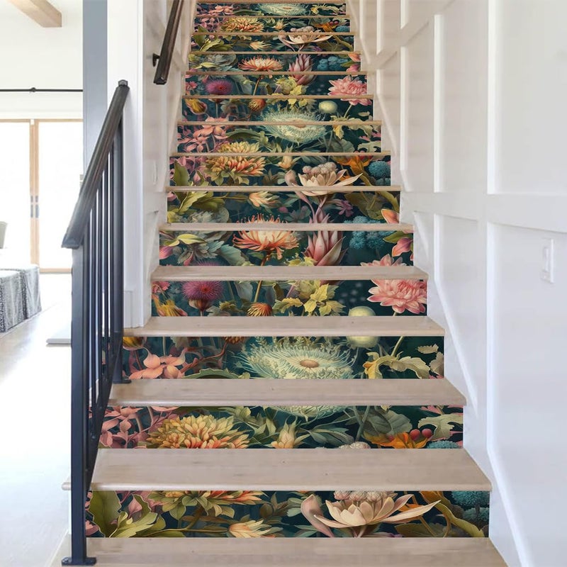 REDAMANCY Exotic Wildflowers Botanical Boho Vintage Plants Peel and Stick Vinyl Stair Riser Decals Staircase Tile Stickers Decor Modern Marble Decoration Self-Adhesive(14 Pcs) - Image 5