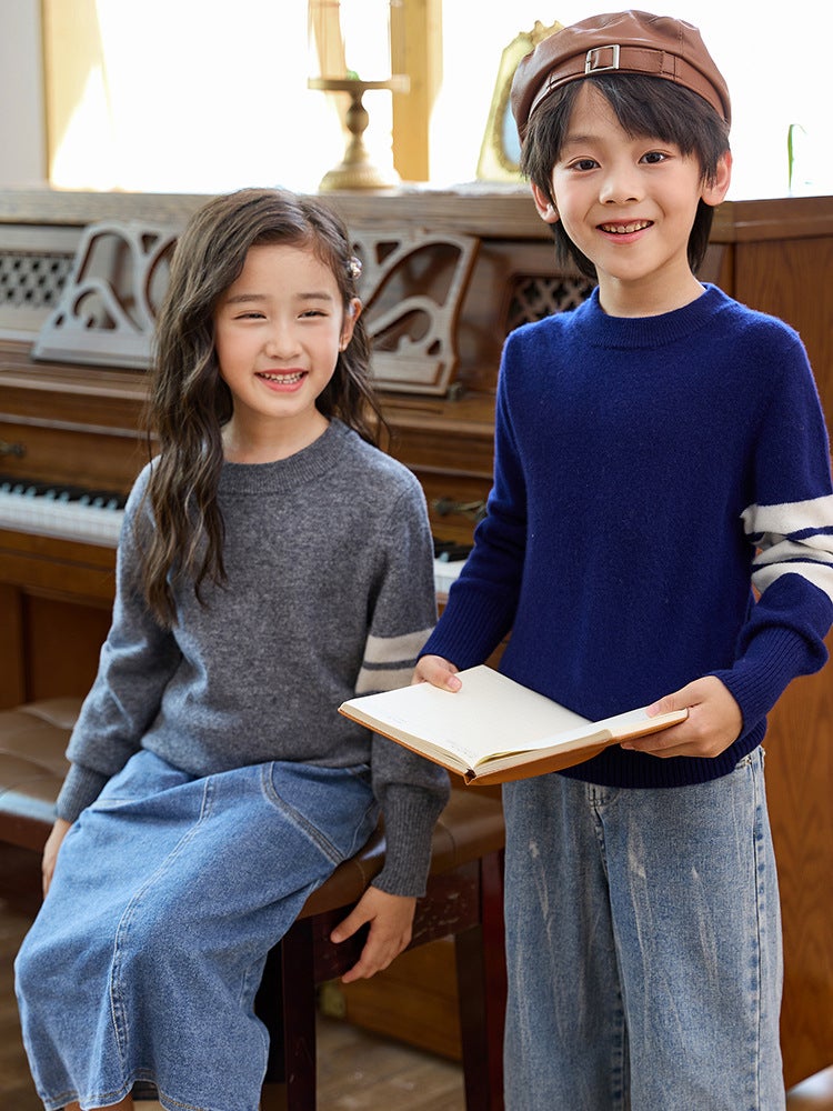 New Kidsren'S Woolen Knitwears, Round Neck Pullover Knitwears, Korean Style Four-Stripe Men'S And Women'S Kidsren'S Bottoming Knitwears - Image 2