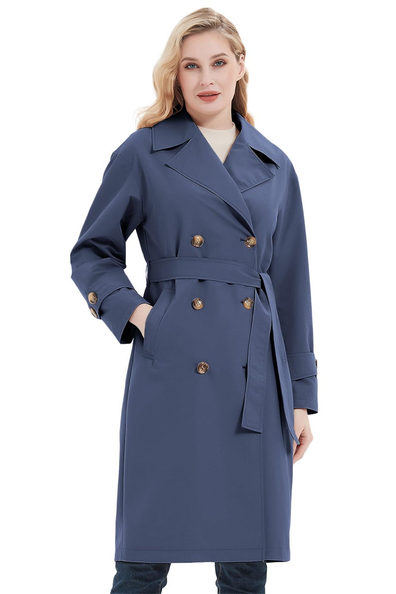 RISISSIDA Trench Coats for Women Long Double Breasted Spring Fall Waterproof Rain Jacket Overcoat Blue S - Image 3
