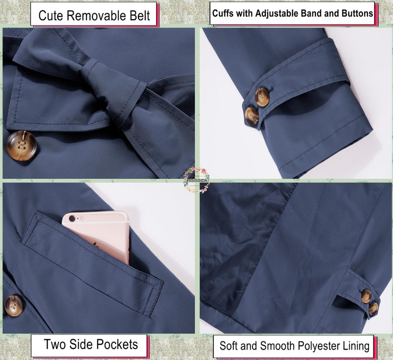 RISISSIDA Trench Coats for Women Long Double Breasted Spring Fall Waterproof Rain Jacket Overcoat Blue S - Image 5