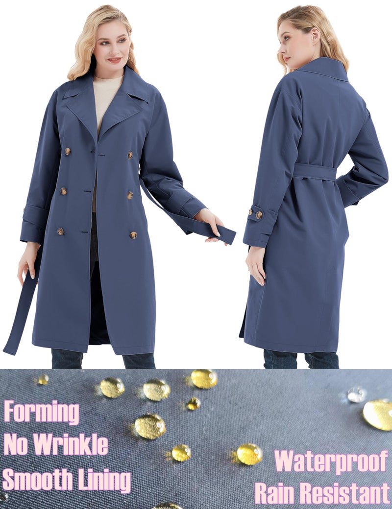 RISISSIDA Trench Coats for Women Long Double Breasted Spring Fall Waterproof Rain Jacket Overcoat Blue S - Image 4