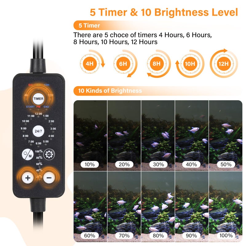 hygger Submersible LED Aquarium Light, 14W 15in 24/7 Mode Fish Tank Light with 5 Rows Beads, with Timer 9 Colors and Adjustable Brightness, Full Spectrum IP68 Waterproof Light for Fish Tank 16-27 inch - Image 3
