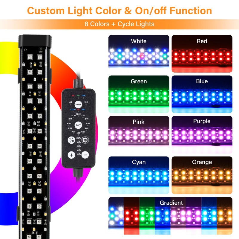 hygger Submersible LED Aquarium Light, 14W 15in 24/7 Mode Fish Tank Light with 5 Rows Beads, with Timer 9 Colors and Adjustable Brightness, Full Spectrum IP68 Waterproof Light for Fish Tank 16-27 inch - Image 2