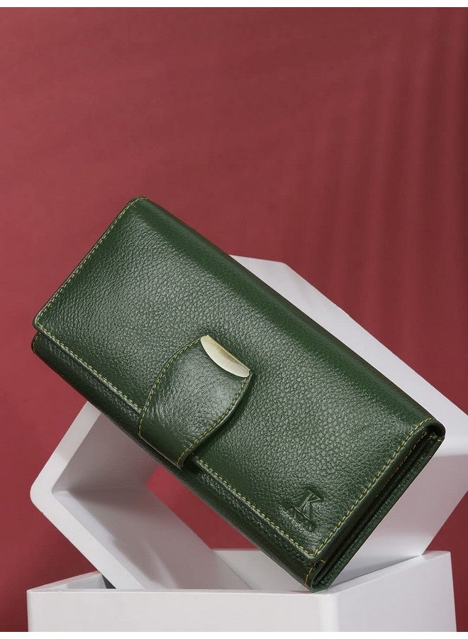 K London محفظة نسائية طويلة أنيقة باللون الأخضر من K London مع إغلاق حلقي و 2 جيب بسحاب - AZ01_جلد_أخضر - Image 2