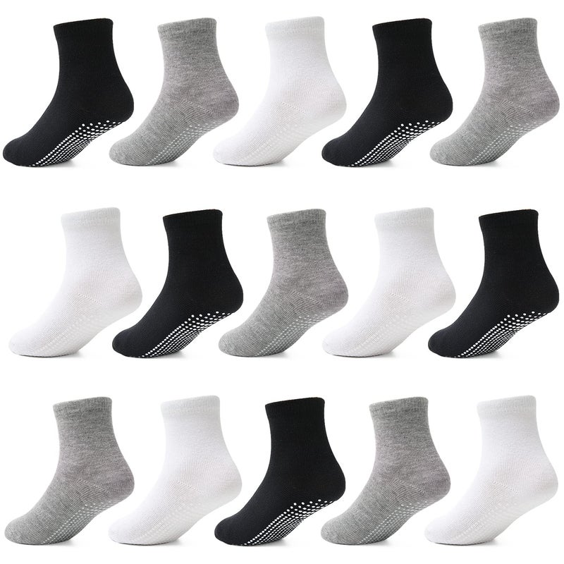 Tphon Toddler Socks with Grippers for Boys Girls, Kids Non Slip Grip Boys Socks 15 Pairs Half Cushion Crew Athletic Sock for 1-3 Years - Image 1