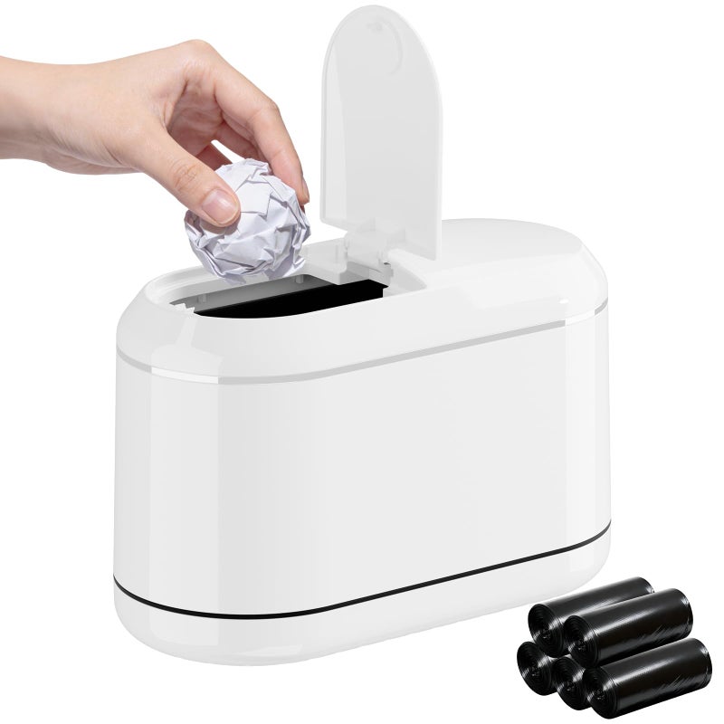 PAVSTINE Mini Trash Can for Desk with 5 Rolls of Trash Bags, Small Press-Top Countertop Garbage Bin, Removable Waste Basket for Bedroom, Vanity, Coffee Table, Kitchen (White Half-Lid) - Image 1