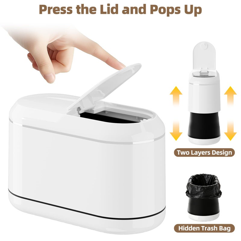 PAVSTINE Mini Trash Can for Desk with 5 Rolls of Trash Bags, Small Press-Top Countertop Garbage Bin, Removable Waste Basket for Bedroom, Vanity, Coffee Table, Kitchen (White Half-Lid) - Image 3