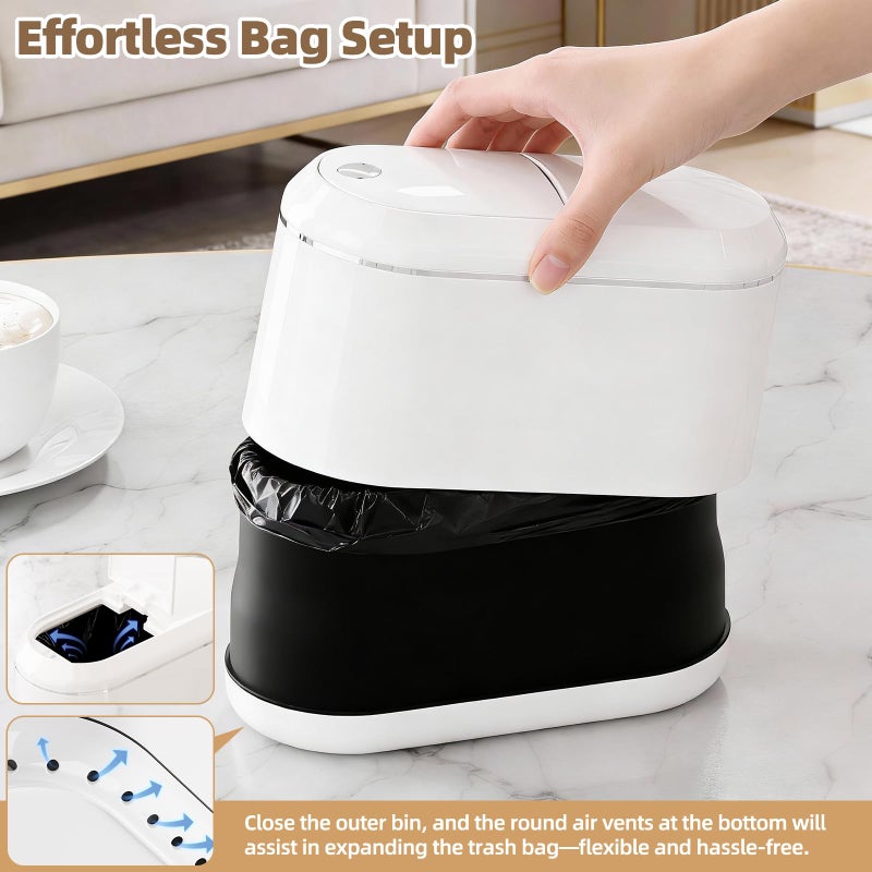 PAVSTINE Mini Trash Can for Desk with 5 Rolls of Trash Bags, Small Press-Top Countertop Garbage Bin, Removable Waste Basket for Bedroom, Vanity, Coffee Table, Kitchen (White Half-Lid) - Image 5