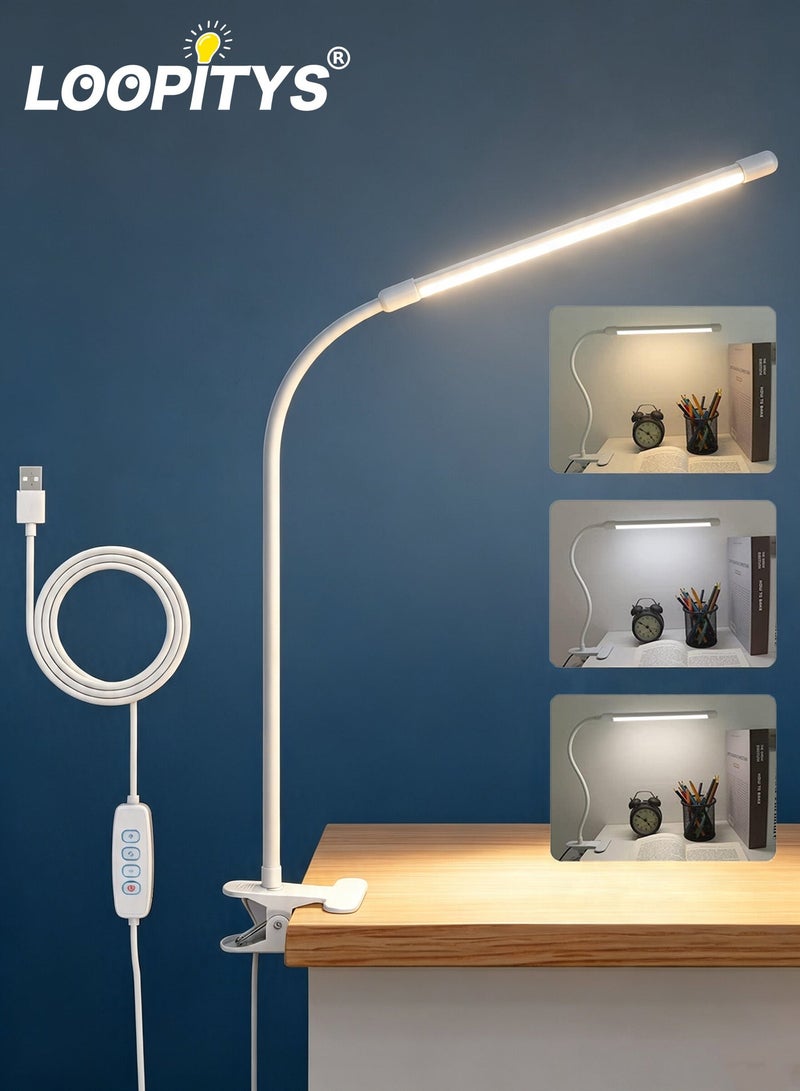 LOOPITYS 10W LED Desk Lamp with Clamp Dimmable Clip On Reading Light 10 Brightness Level 3 Lighting Modes Flexible Study Table Lamp USB - Image 1