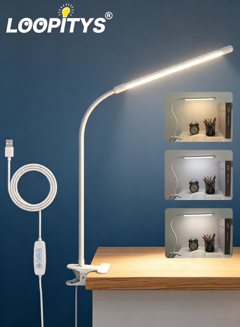 LOOPITYS 10W LED Desk Lamp with Clamp Dimmable Clip On Reading Light 10 Brightness Level 3 Lighting Modes Flexible Study Table Lamp USB - Image 1