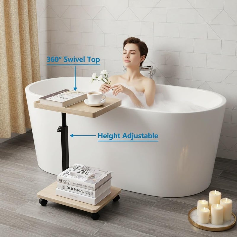 Bohodiy C Table End Table Adjustable Height,C Shaped End for Couchï¼ŒSnack Tables,360Â°Swivel TV Tray Sofa Table,Tables That Slide Under,Coffee SideTable for Bed,Chair,Bath-tub (Solid Wood Color) - Image 4