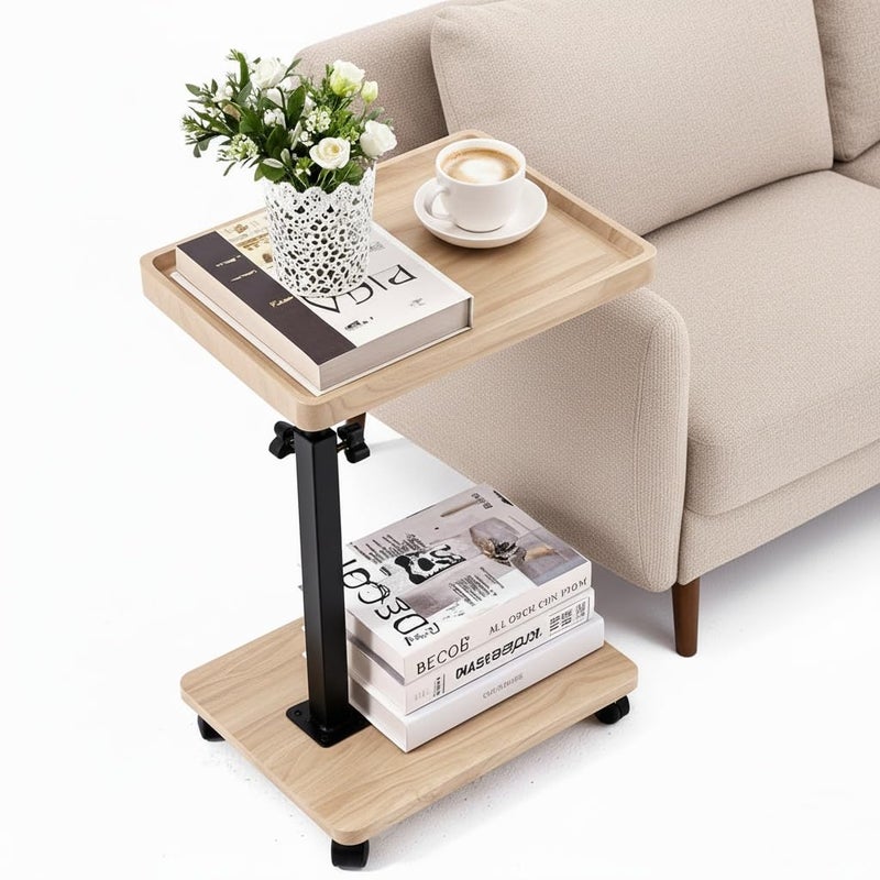Bohodiy C Table End Table Adjustable Height,C Shaped End for Couchï¼ŒSnack Tables,360Â°Swivel TV Tray Sofa Table,Tables That Slide Under,Coffee SideTable for Bed,Chair,Bath-tub (Solid Wood Color) - Image 1