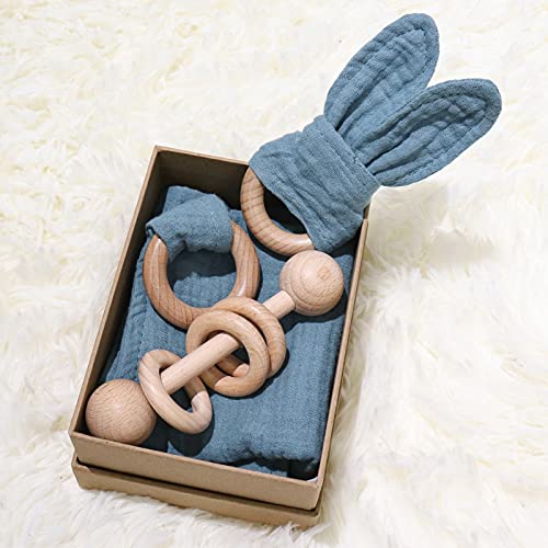 Baby Lovey Wood Rattle Teether Ring 3 Pack Montessori Gift Navy Blue Cotton Double Gauze Baby Shower Gender Neutral Gift