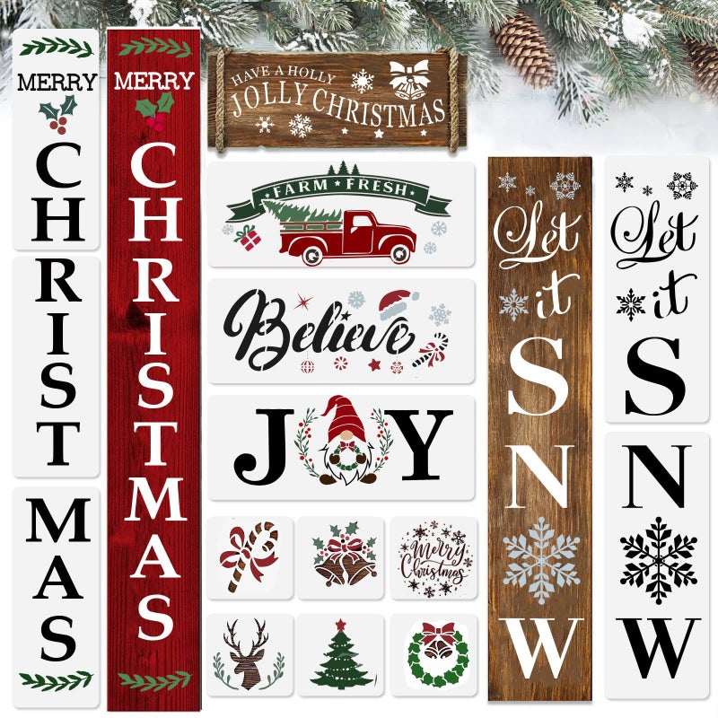 Souarts 15PCS Christmas Stencils for Painting on Wood Reusable Merry Christmas Stencils Farmhouse Christmas Wood Stencils Let it Snow Sign Gnome Believe Joy Have a Holly Jolly Stencil - Image 1