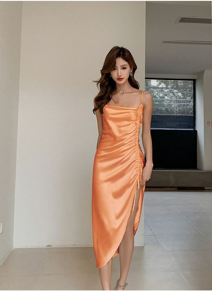إسكدنيا - Women's Elegant Solid Color Nightgown Side Slit Slip Dress Soft Loungewear Sleepwear Dress Orange - Image 1