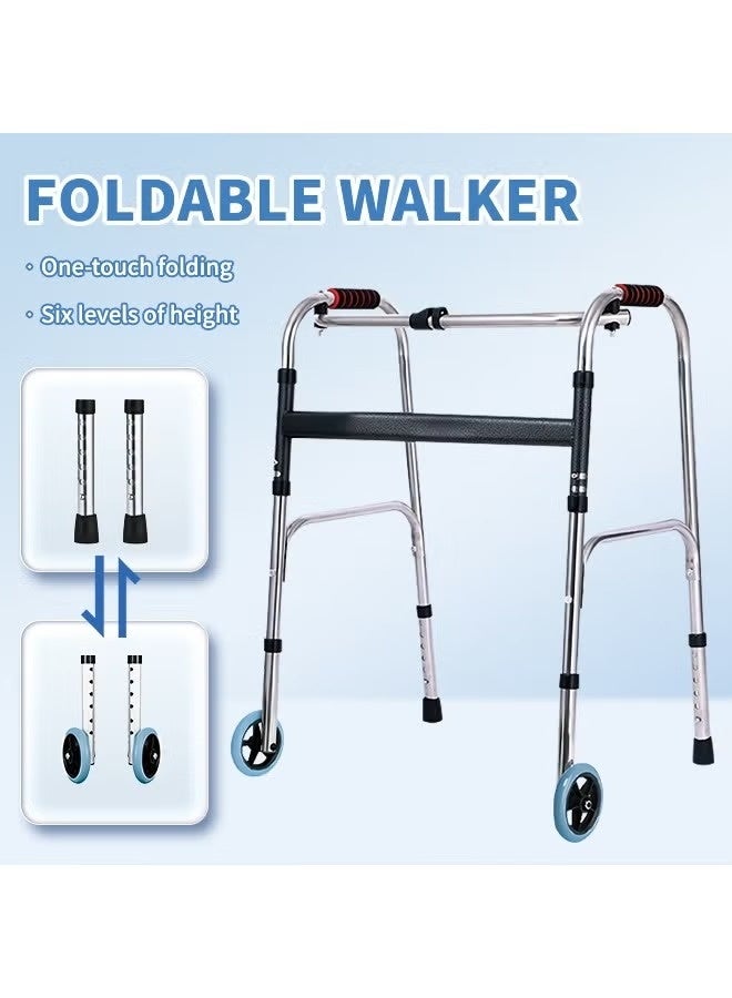 KORAX Heavy-Duty Foldable Walker for Elderly 6-Levels Adjustable Height Walking Stick with Anti-Slip Design Durable Aluminum Alloy Mobility Aid with Walking Pulley Fixed and Interactive Use & One-Touch Storage for Home and Outdoor Mobility Assistance - Image 2