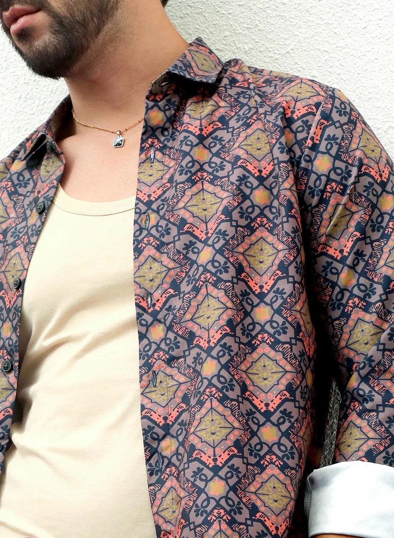 Campus Sutra Men's Heather Purple Ethnic Geometric Shirt