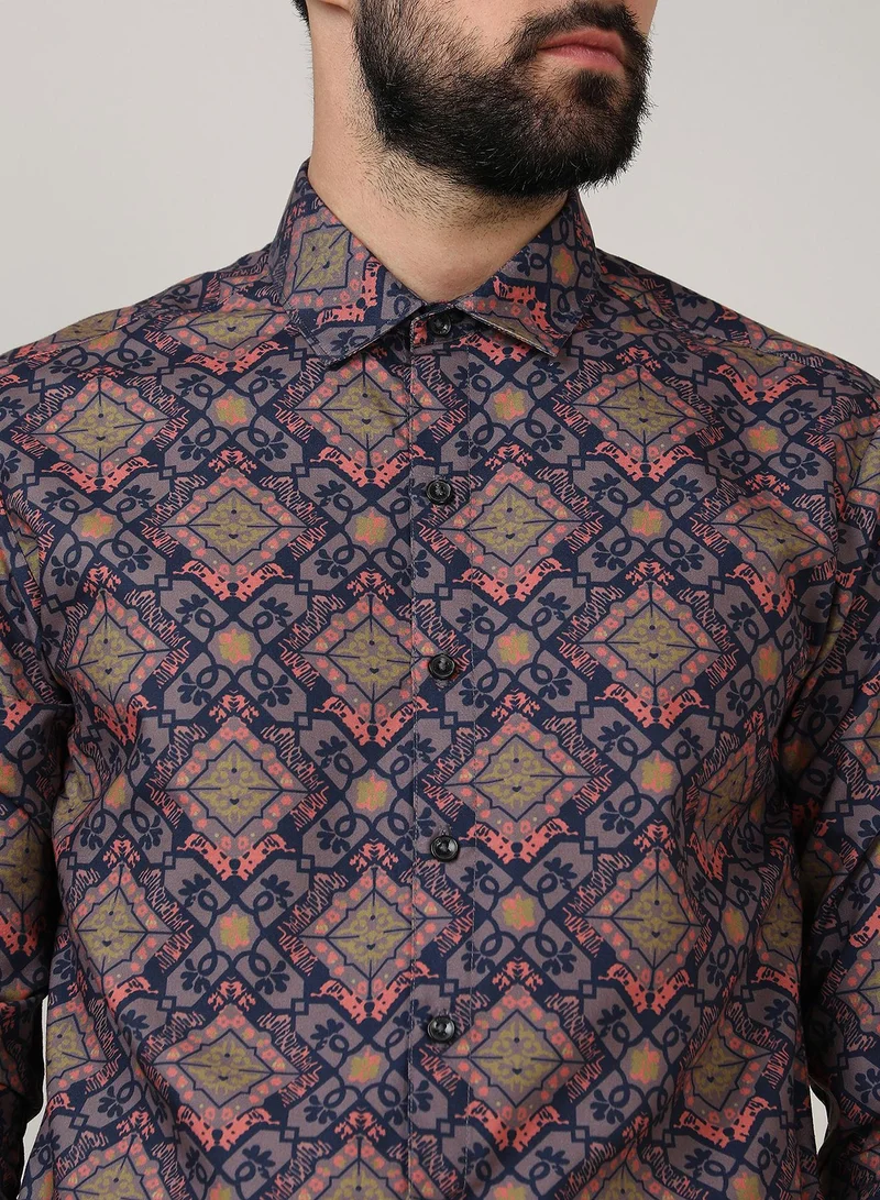 Campus Sutra Men's Heather Purple Ethnic Geometric Shirt