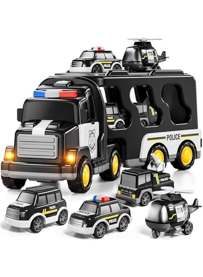 xppier Police Truck Toy for 3 4 5 6 Years Old Boys - Carrier Vehicle Toy Set with 3 Small Cars and 1 Helicopter, Kids Firction Powered Car for Age 3-9, Gifts for Boys and Girls - Image 1