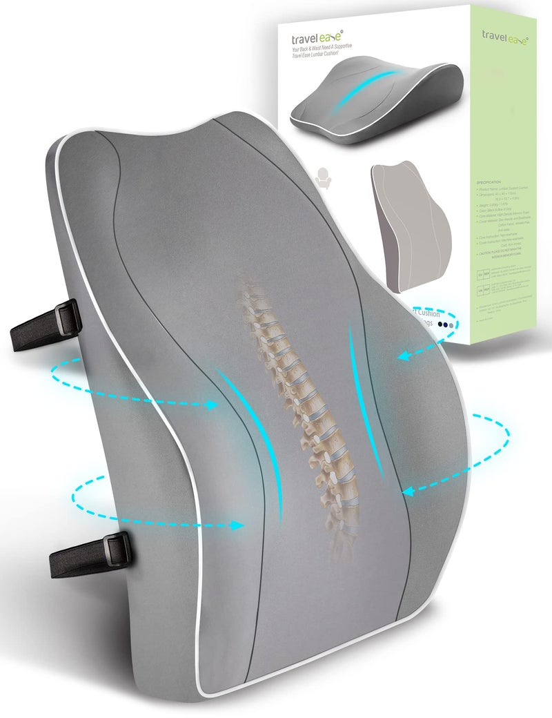 TRAVEL EASE Ergonomic Lumbar Support Cushion, Memory Foam Back Support for Car Seat Office Chair Gaming Chair, Backrest with Skin-friendly Cover & Dual Adjustable Straps, Black - Image 1