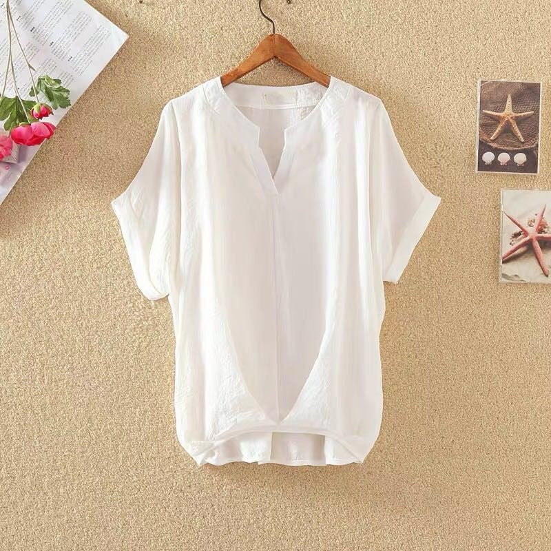Women's Cotton Linen V-Neck Batwing Sleeve Blouse - Image 2