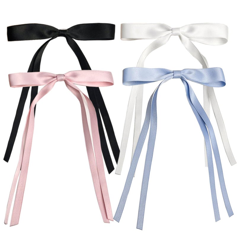 SALOCY Hair Clips 4 PCS Hair Bow Clips for Women Girls with Long Tail Tassel Ribbon Bowknot Hair Accessories Satin Hair Clips for Hair Design Black White Pink Blue