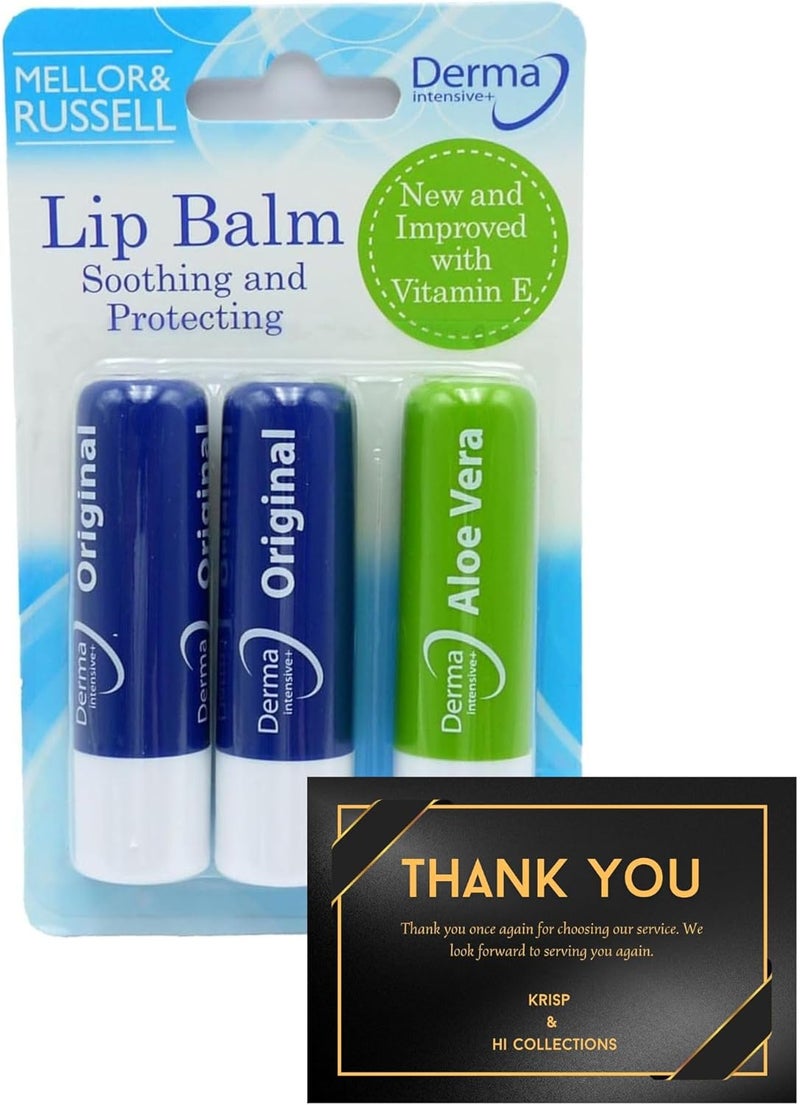 Derma Intensive Lip Balm 3 Pack Soothing Protecting with Vitamin E Aloe Vera and Original Flavours Hydrating Lip Care for Dry Chapped Lips Longlasting Moisture